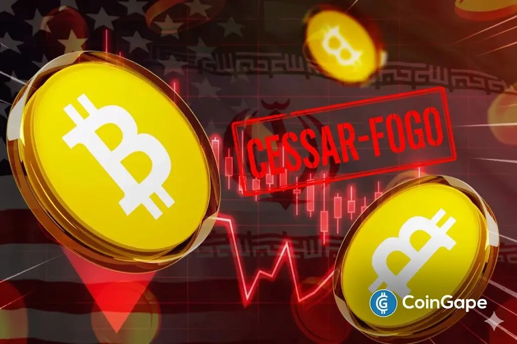 Ilustração mostrando moedas de Bitcoin em queda com bandeiras dos EUA e Irã ao fundo e carimbo de cessar-fogo.