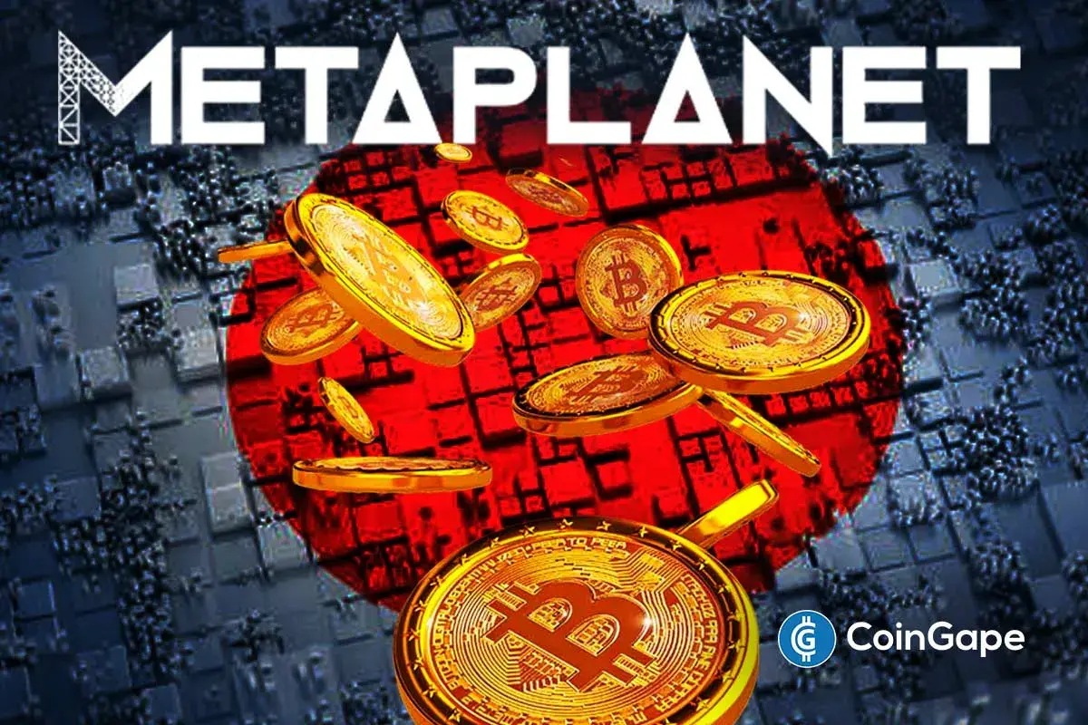 Ilustração com o logotipo da Metaplanet, moedas de Bitcoin e a bandeira do Japão ao fundo, representando a estratégia de acumulação de BTC da empresa japonesa.