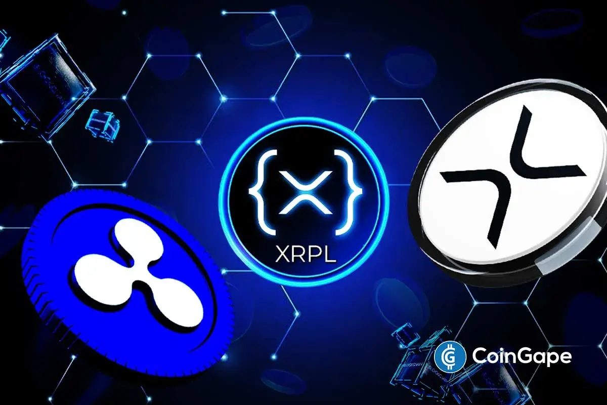 Ilustração com logos do Ripple, XRP Ledger e relógio sobre fundo de rede hexagonal azul