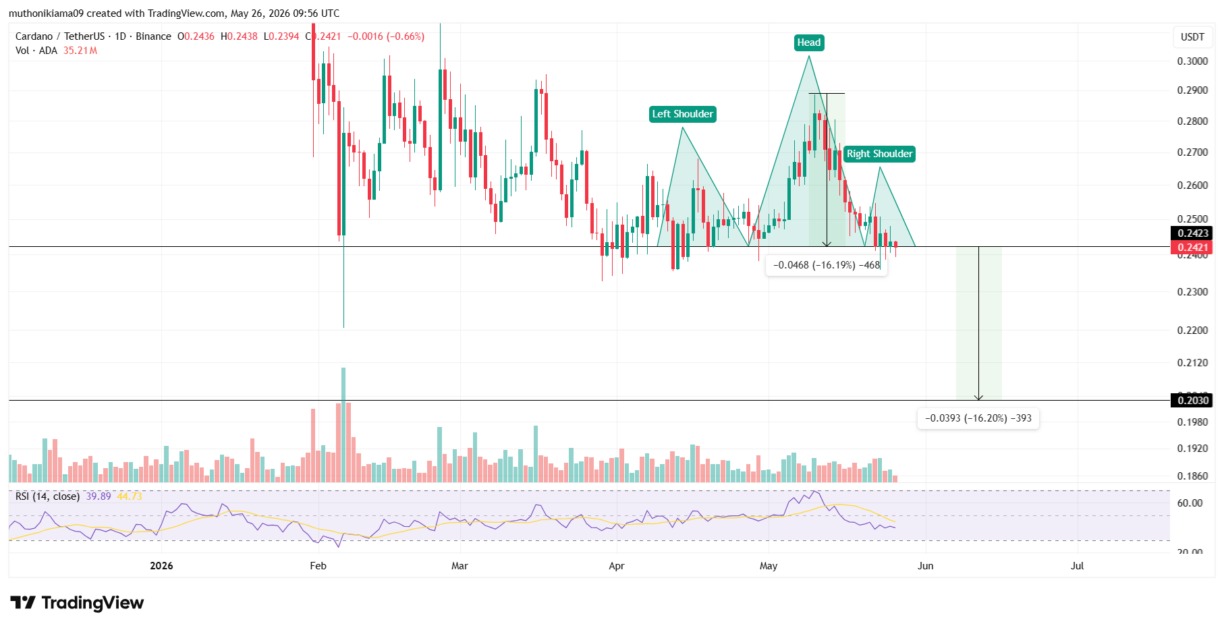Gráfico de preço do Cardano (ADA/USDT) com padrão técnico de ombro-cabeça-ombro indicando possível queda para US$ 0,20.