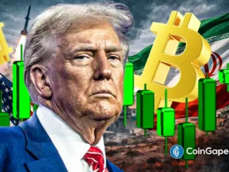 Montagem com Donald Trump em primeiro plano, símbolo do Bitcoin, bandeira do Irã e gráficos de velas verdes ao fundo.