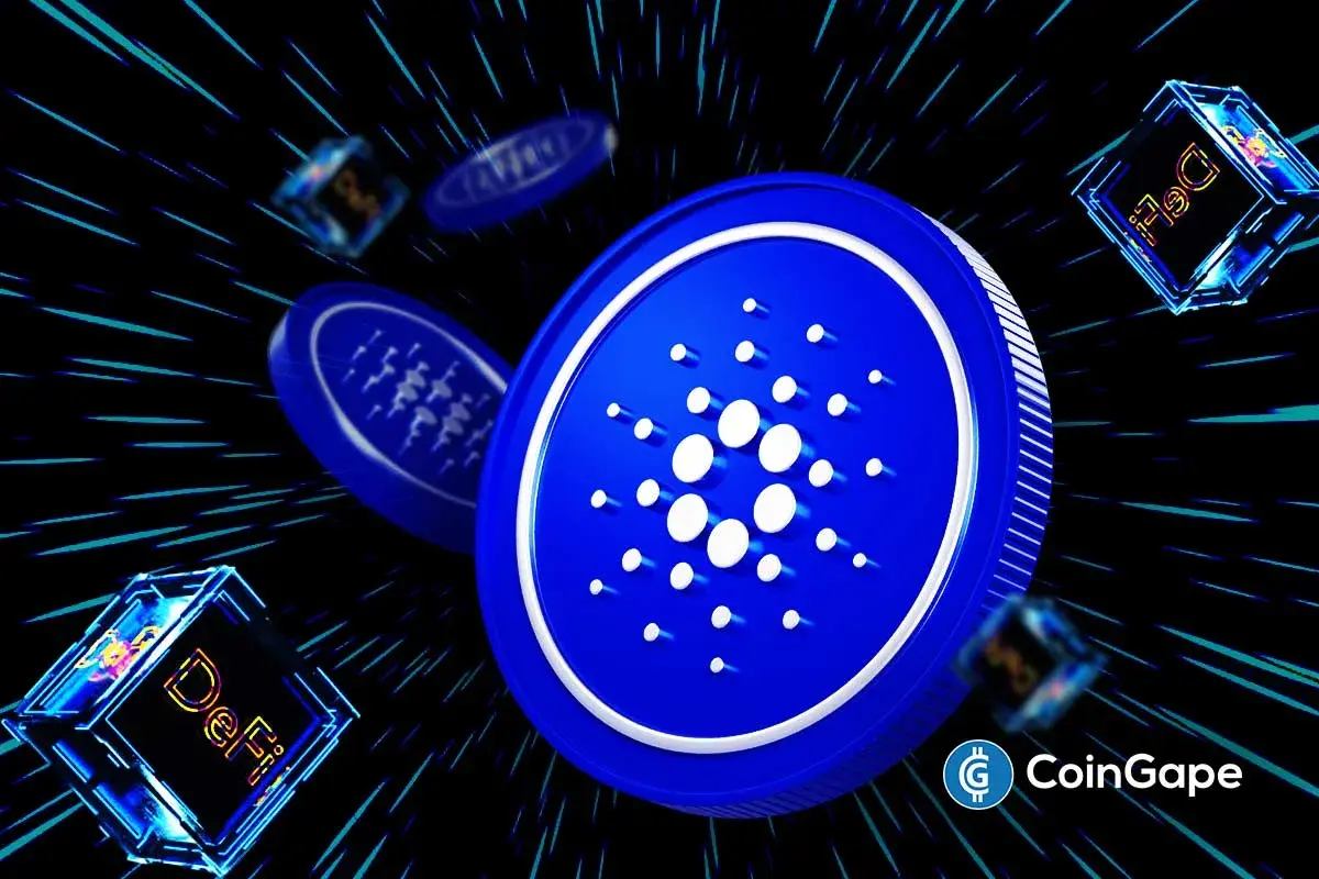 Moeda do Cardano (ADA) em azul rodeada por blocos com o símbolo DeFi em fundo escuro.