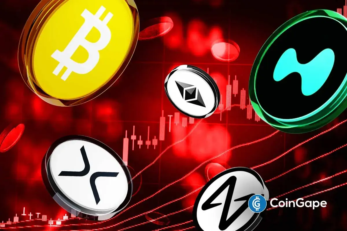 Ilustração de Bitcoin, Ethereum, NEAR e outras criptomoedas sobre fundo vermelho com gráficos em queda