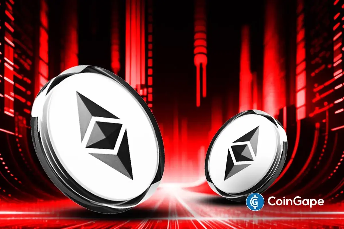 Duas moedas de Ethereum sobre fundo vermelho com gráficos de baixa.