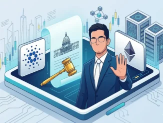 Ilustração de um legislador em terno ao lado de um documento oficial com martelo de juiz, logos de criptomoedas e ícones de blockchain e servidores ao fundo.