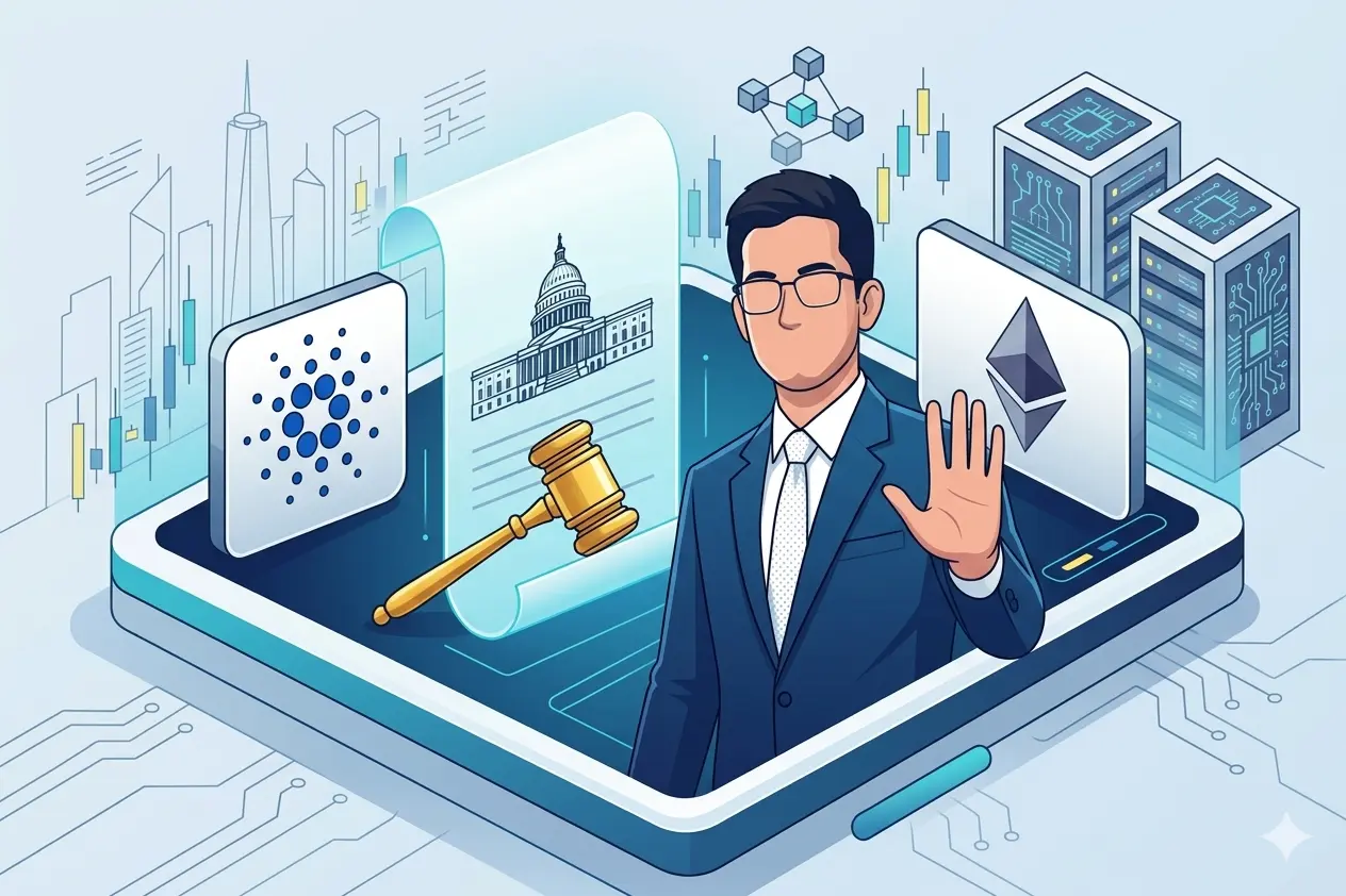 Ilustração de um legislador em terno ao lado de um documento oficial com martelo de juiz, logos de criptomoedas e ícones de blockchain e servidores ao fundo.