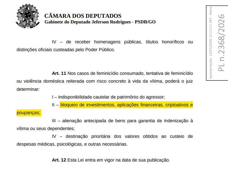 Documento oficial da Câmara dos Deputados mostrando artigo 11 do PL 2368/2026 que prevê bloqueio de criptoativos em casos de feminicídio.