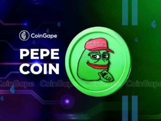 Ilustração da moeda Pepe Coin com o personagem Pepe, the Frog, sobre fundo tecnológico verde e azul.