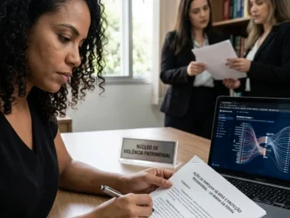 Profissional em núcleo de violência patrimonial revisa documento sobre Lei Maria da Penha com gráficos de blockchain em computador.