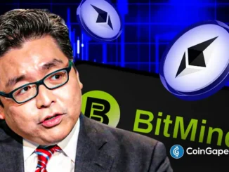 Tom Lee, cofundador da Bitmine, ao lado do logotipo da empresa e ícones do Ethereum sobre fundo azul com gráficos financeiros.