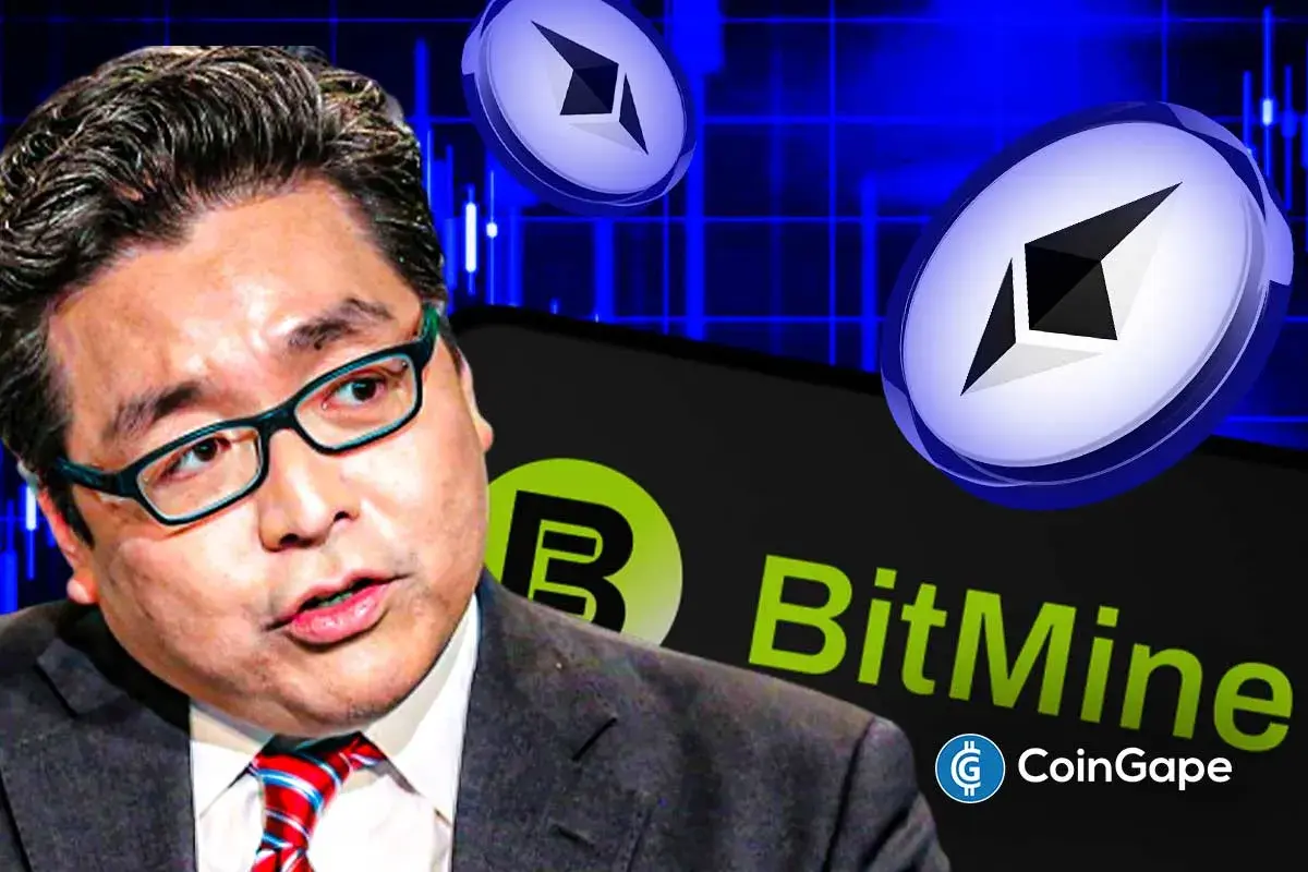 Tom Lee, cofundador da Bitmine, ao lado do logotipo da empresa e ícones do Ethereum sobre fundo azul com gráficos financeiros.