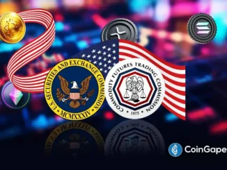 Logos da SEC e CFTC cercados por moedas de Bitcoin, Ethereum e Solana com bandeira dos EUA
