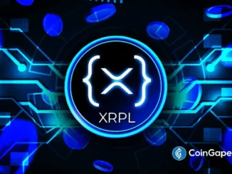 Logo do XRP Ledger (XRPL) em fundo digital com circuitos luminosos azuis e marca da CoinGape.