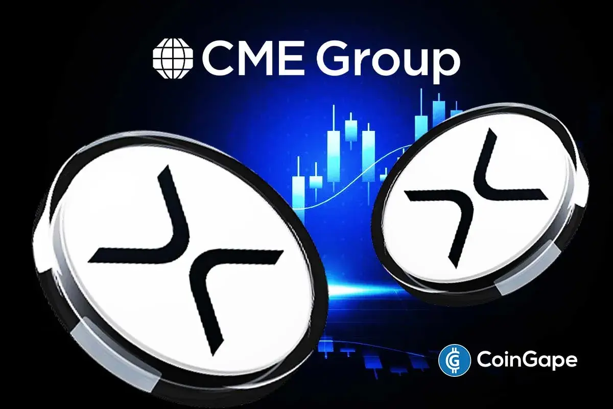 Logo do CME Group com moedas XRP e gráfico de negociação em fundo azul