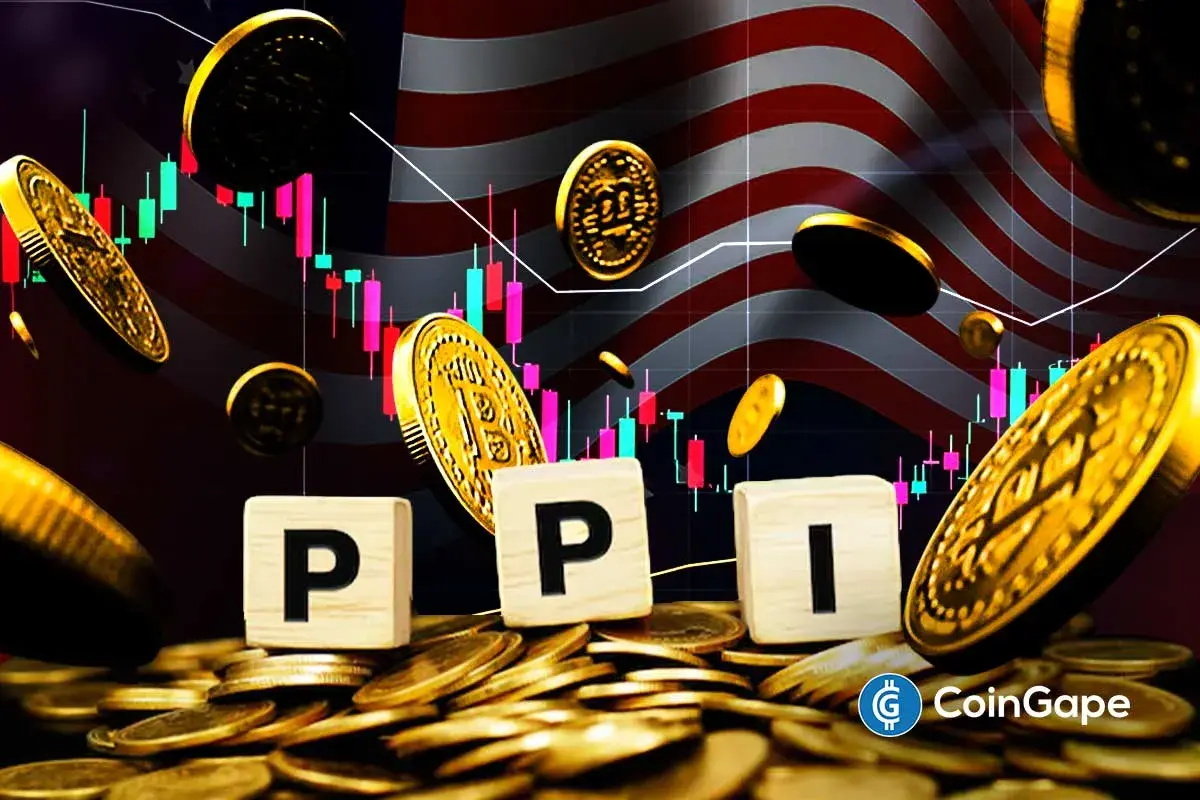 Blocos com as letras PPI sobre moedas de Bitcoin com bandeira dos EUA e gráficos de preços ao fundo.