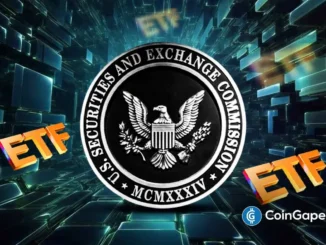 Selo da SEC (Securities and Exchange Commission) dos EUA cercado pela sigla ETF em laranja sobre fundo tecnológico.