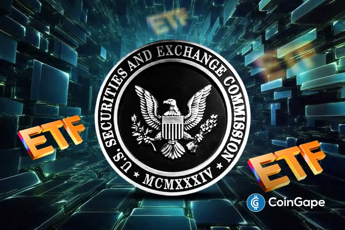Selo da SEC (Securities and Exchange Commission) dos EUA cercado pela sigla ETF em laranja sobre fundo tecnológico.
