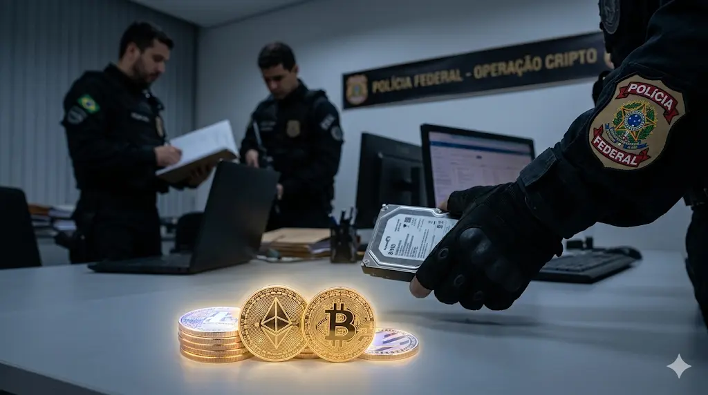 Agentes da Polícia Federal em operação com moedas físicas representativas de Bitcoin e Ethereum sobre mesa durante investigação de crimes com criptoativos