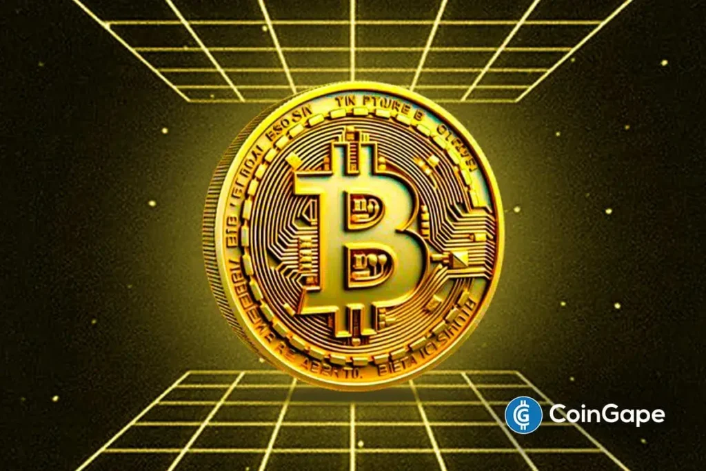 Moeda de Bitcoin dourada flutuando sobre grade digital com fundo escuro.