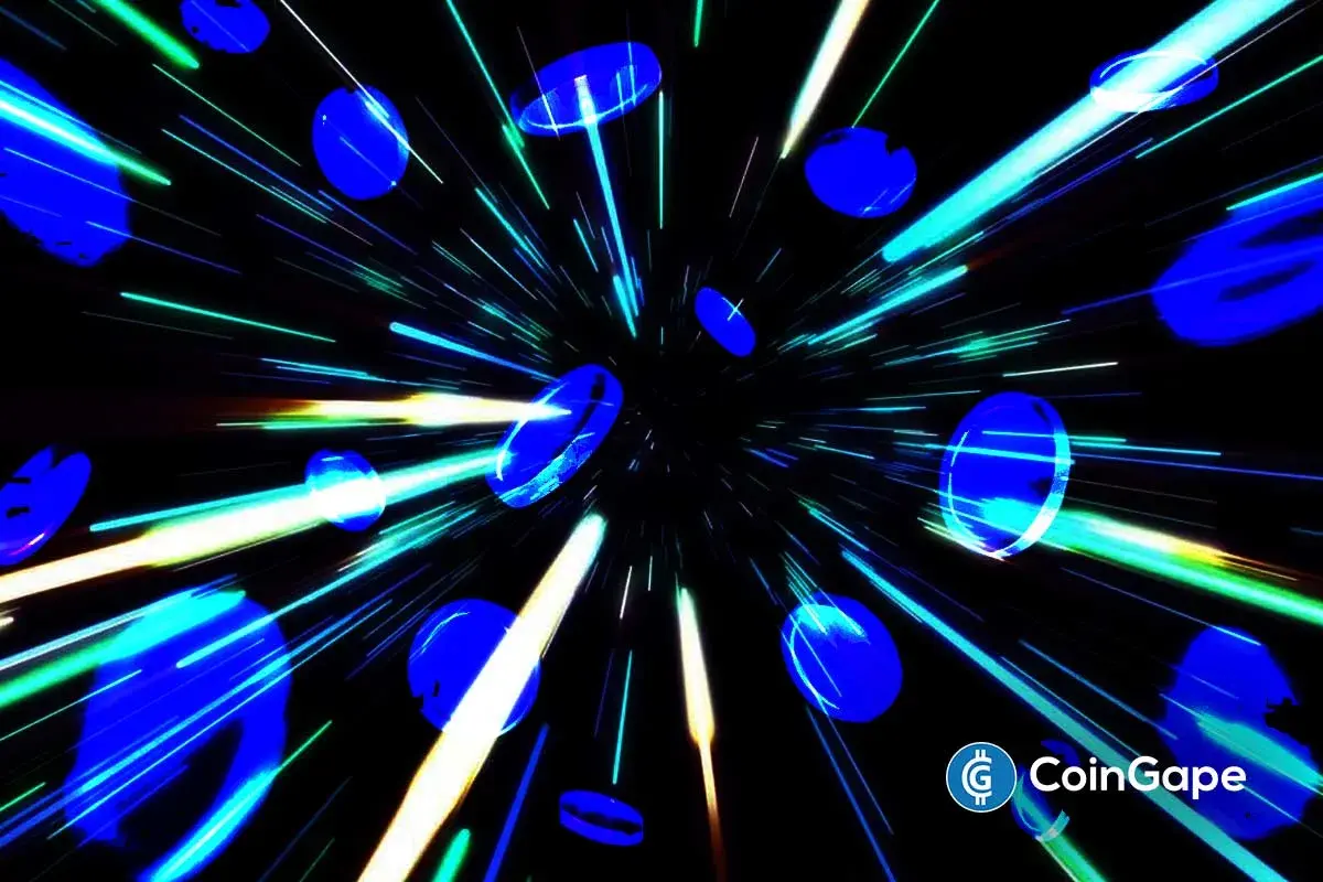 Ilustração abstrata em azul e branco representando movimento acelerado no mercado cripto