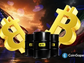 Ilustração com símbolos do Bitcoin em ouro, barris de petróleo e bandeiras dos EUA e do Irã ao fundo, representando o impacto geopolítico no mercado cripto.