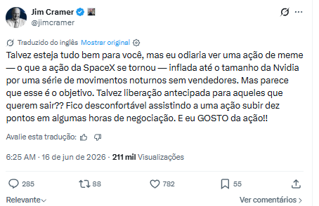 Publicação de Jim Cramer no X comparando a SpaceX a uma meme stock e à Nvidia.