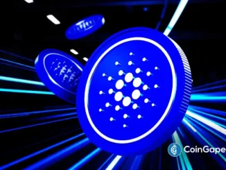 Ilustração de moedas de Cardano voando em fundo escuro com raios de luz azul.