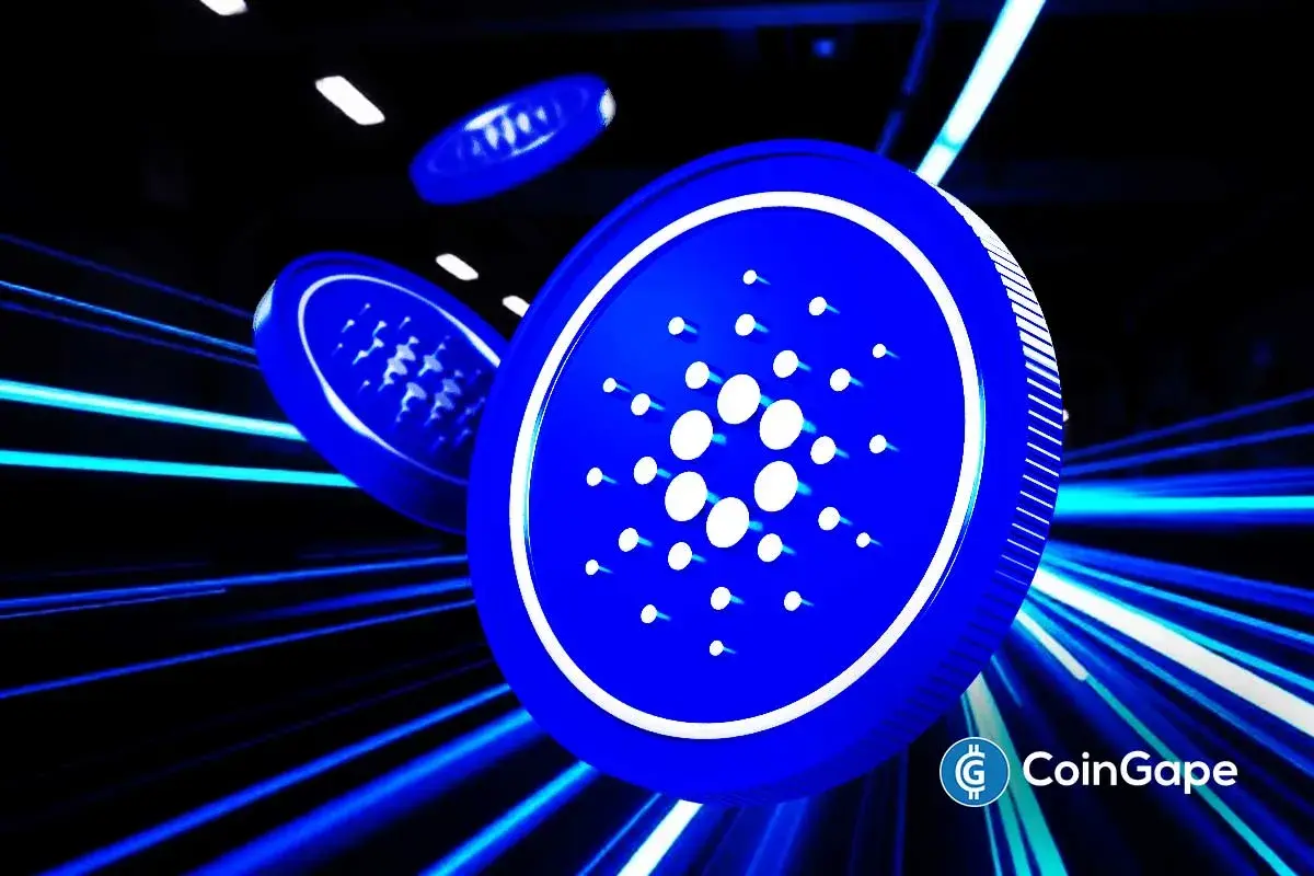 Ilustração de moedas de Cardano voando em fundo escuro com raios de luz azul.