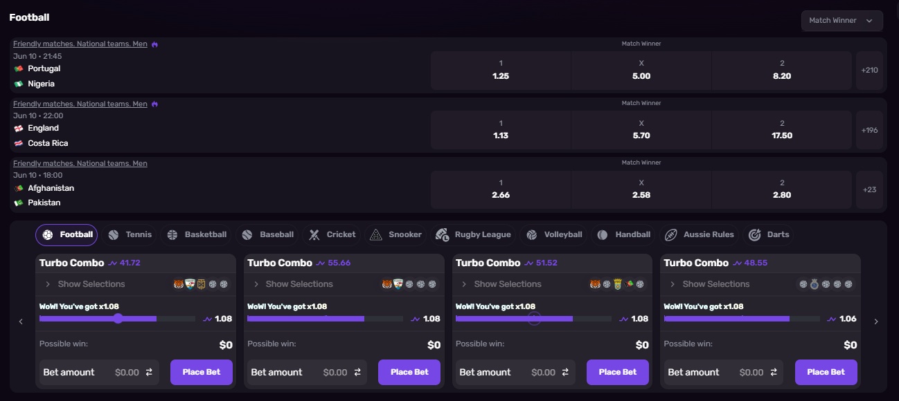 Interface da seção de apostas em futebol da Dexsport.io, exibindo odds para partidas como Portugal x Nigéria e England x Costa Rica, com opções de Turbo Combo.