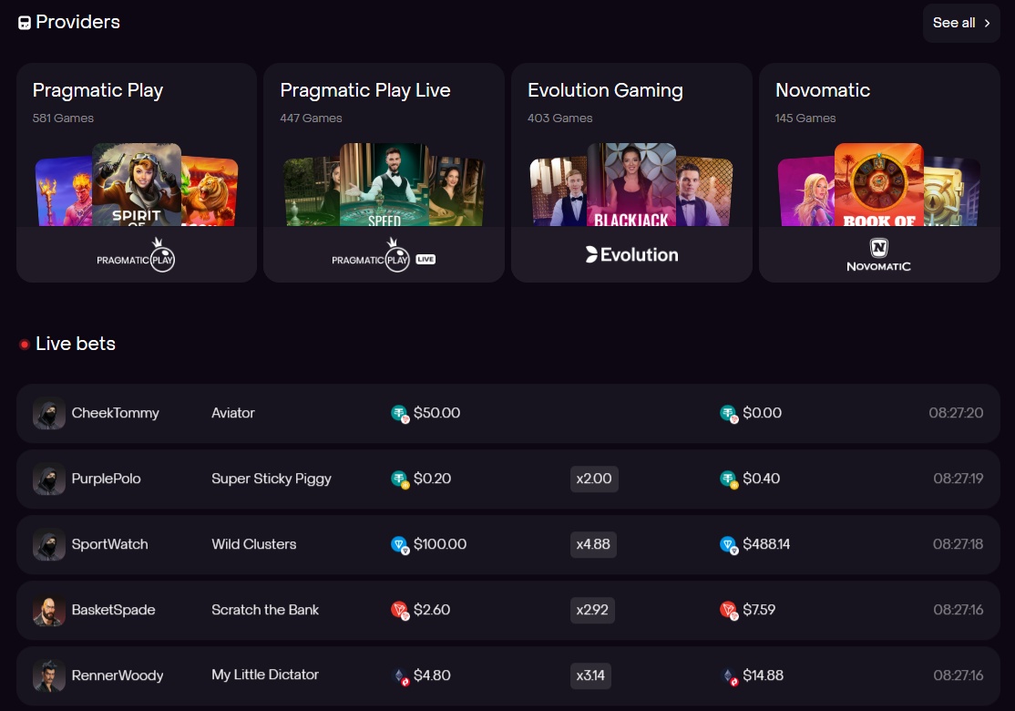 Seção de provedores da Dexsport.io exibindo Pragmatic Play, Pragmatic Play Live, Evolution Gaming e Novomatic, com registro de apostas ao vivo na parte inferior.
