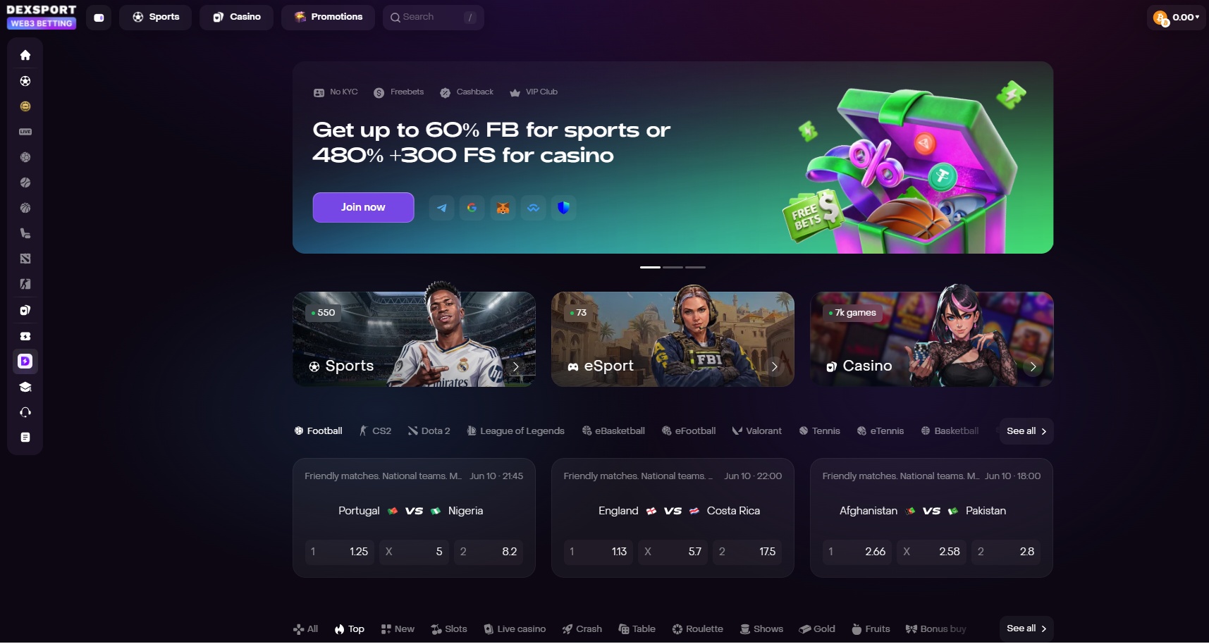 Página inicial da Dexsport.io exibindo banner de bônus de boas-vindas, seções de esportes, eSports e cassino, além de partidas de futebol disponíveis para apostas.