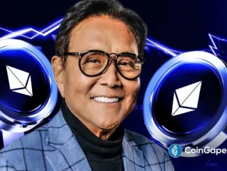 Robert Kiyosaki sorridente ao lado de duas moedas estilizadas de Ethereum em fundo azul digital.