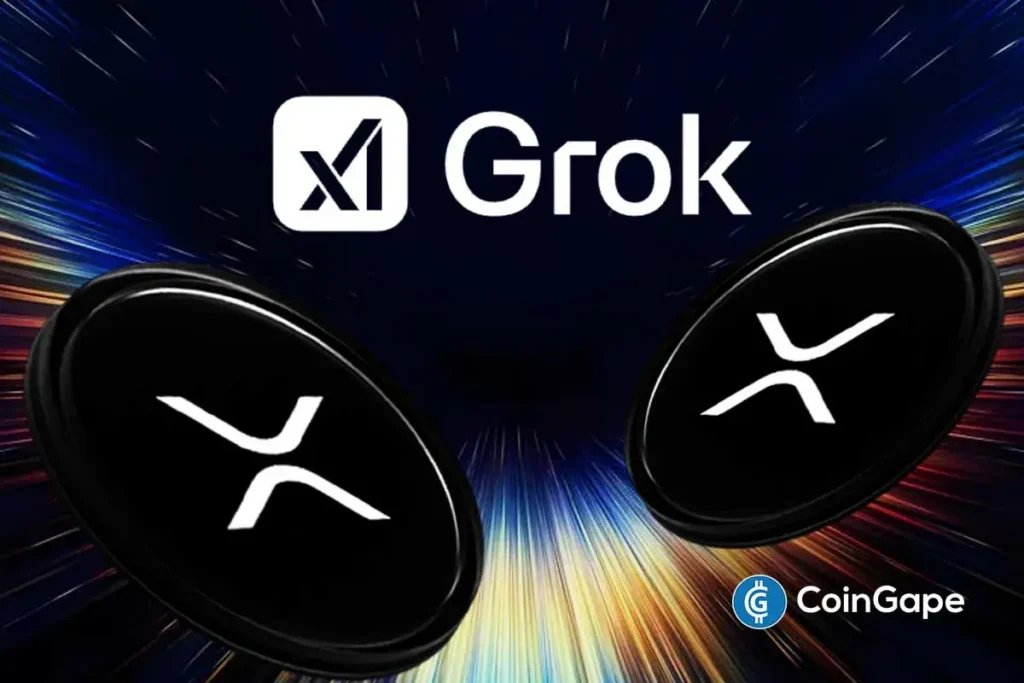 Duas moedas com o símbolo do XRP em fundo escuro com efeito de luz, ao lado do logotipo do Grok AI, da xAI.