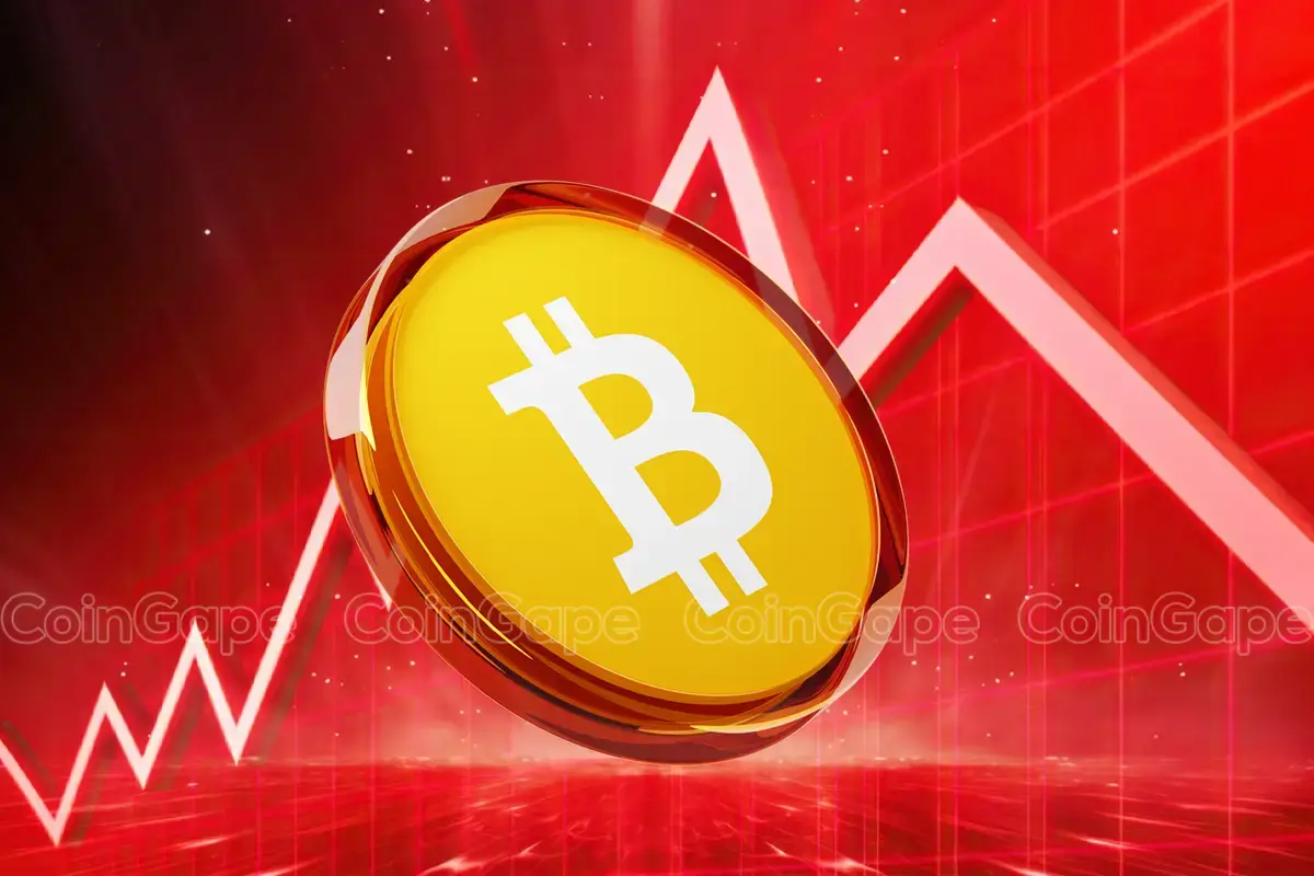 Moeda de Bitcoin dourada sobre fundo vermelho com gráfico de queda.