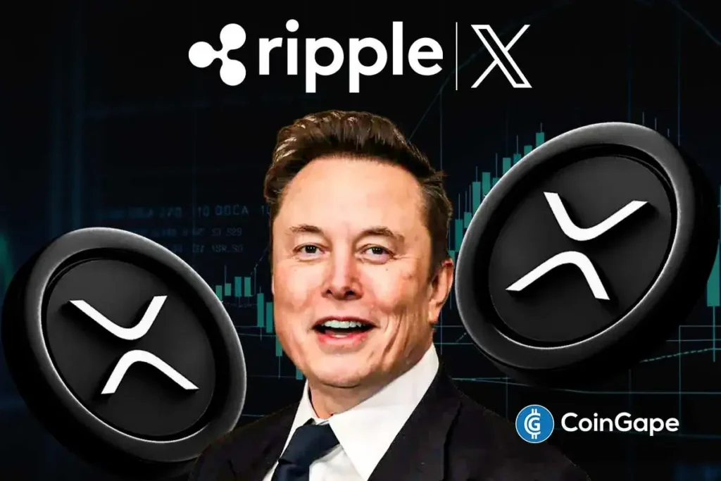Montagem com Elon Musk entre dois tokens de XRP e os logos de Ripple e X ao fundo.