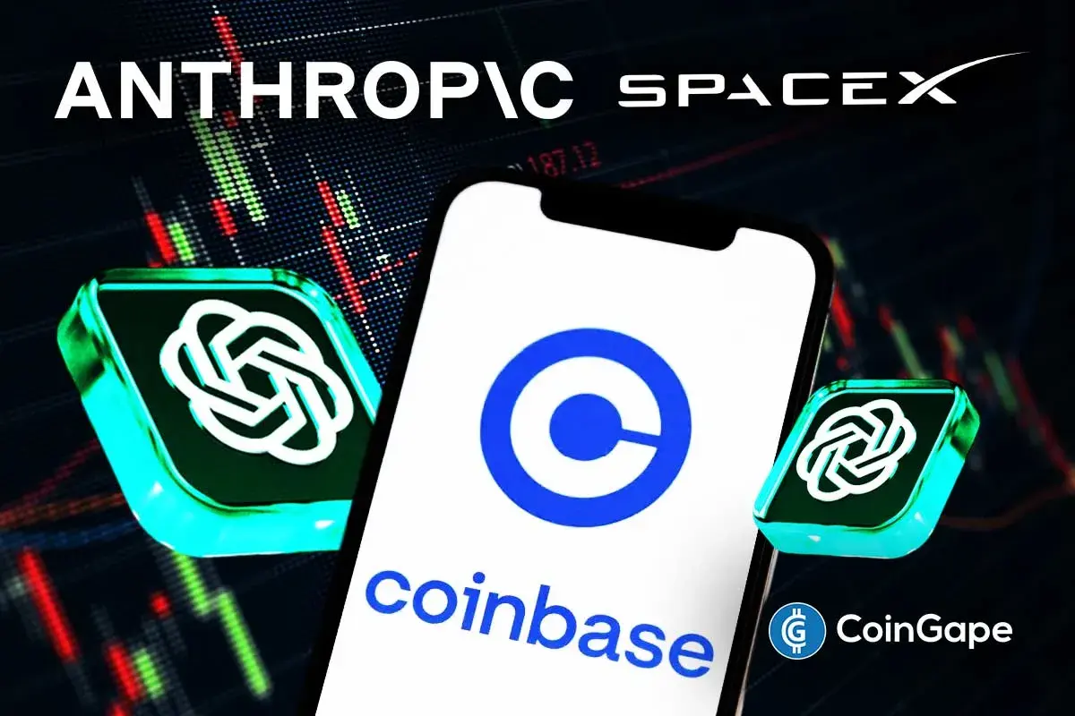 Logos da Coinbase, Anthropic e SpaceX sobre fundo com gráfico de mercado financeiro.