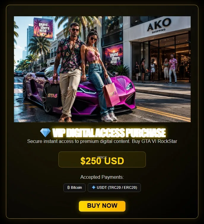 Página fraudulenta exibindo opção de compra de "VIP Digital Access" ao GTA 6 por US$ 250, com pagamento em Bitcoin ou USDT.