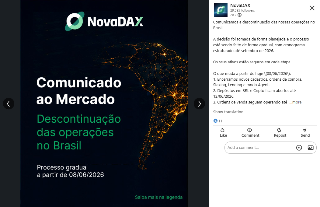 Reprodução do post do perfil da NovaDAX no Linkedin.
