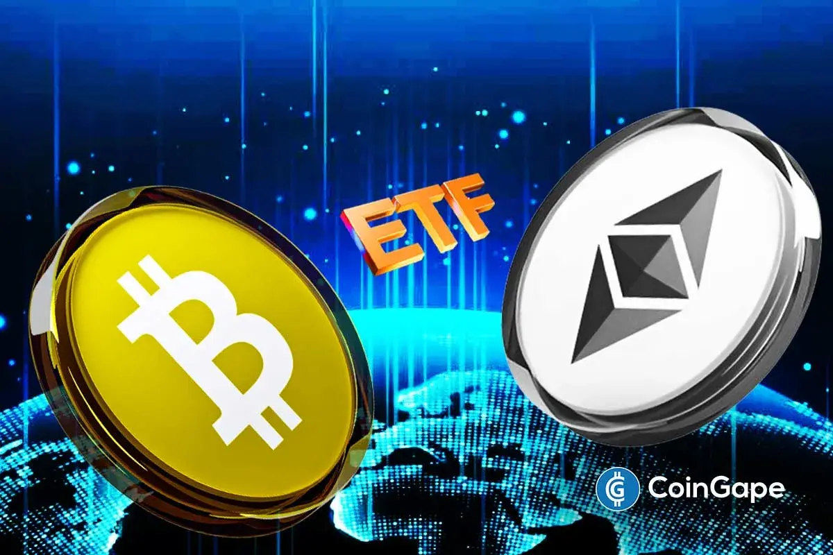 Moedas de Bitcoin e Ethereum sobre fundo digital azul com o texto ETF ao centro.