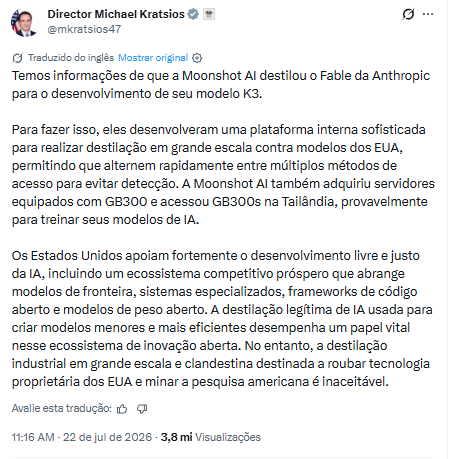 Print da publicação de Michael Kratsios no X acusando a Moonshot AI de destilar o Fable da Anthropic.