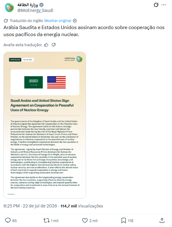 Captura de tela de publicação no X do Ministério da Energia da Arábia Saudita sobre acordo nuclear com os EUA.