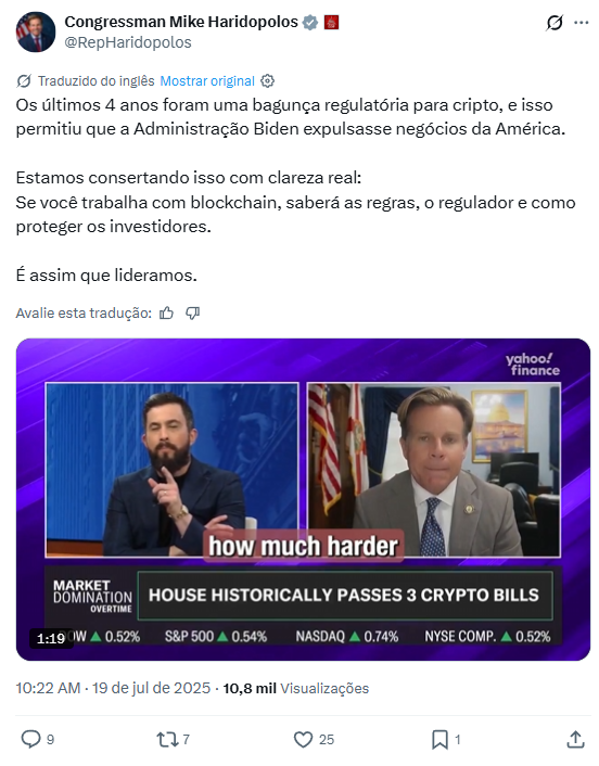 Post do deputado Mike Haridopolos no X criticando a falta de clareza regulatória em cripto.