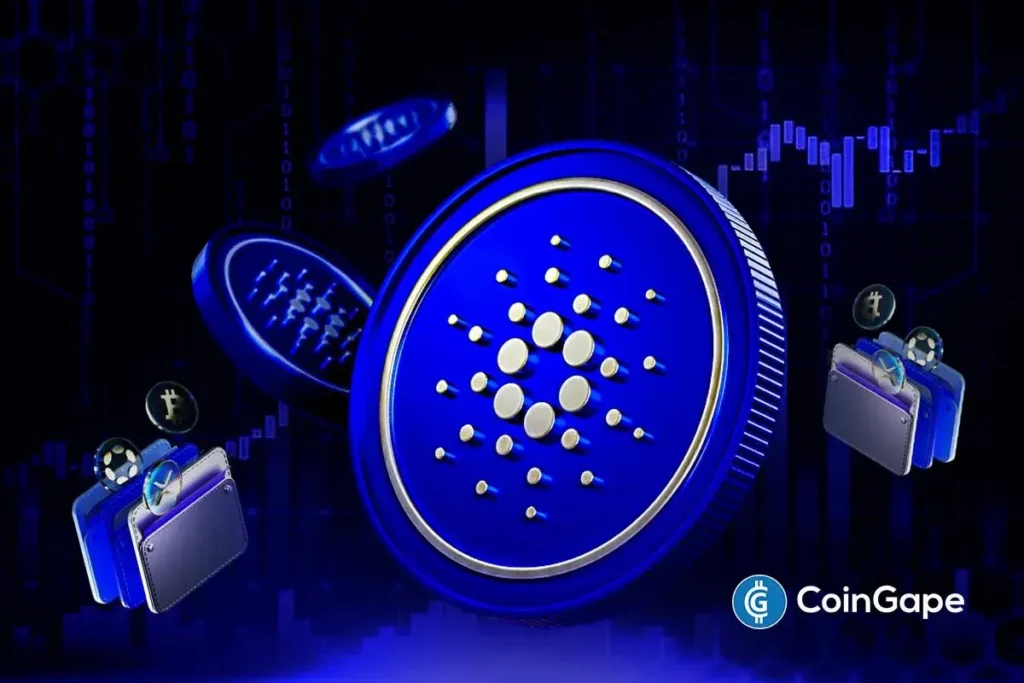Moeda de Cardano em destaque com carteiras digitais e gráfico ao fundo.