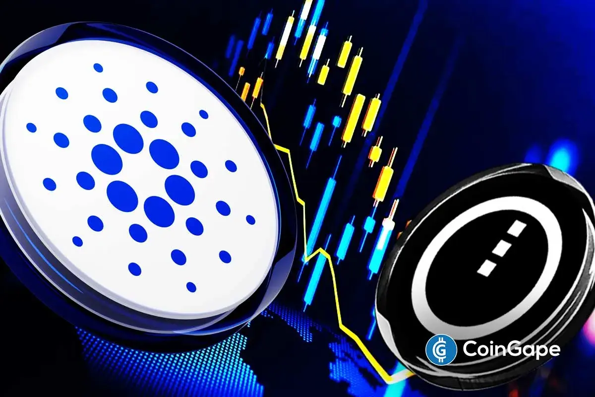 Moeda do Cardano ao lado de gráfico de candles em fundo azul.