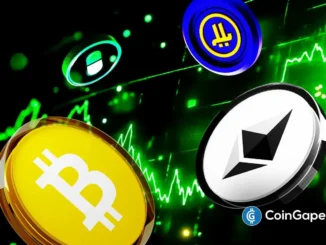 Moedas de Bitcoin e Ethereum sobre gráfico de alta do mercado cripto