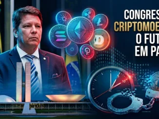 Ilustração de parlamentar em frente ao Congresso Nacional, cercado por símbolos de criptomoedas, um relógio e algemas.