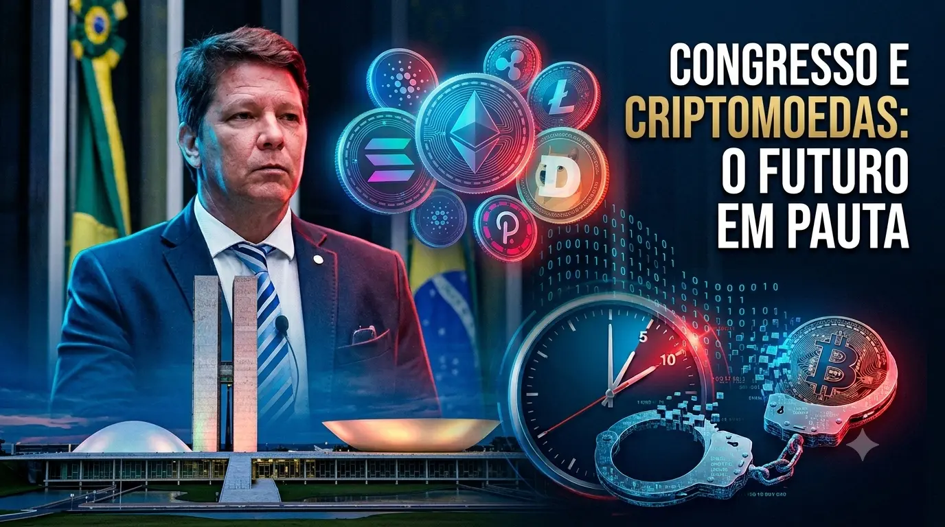 Ilustração de parlamentar em frente ao Congresso Nacional, cercado por símbolos de criptomoedas, um relógio e algemas.