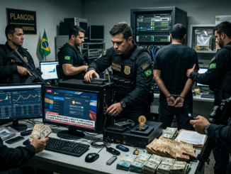 Agentes da Polícia Federal apreendem computadores, dinheiro e carteira de criptomoedas durante operação contra o crime organizado.