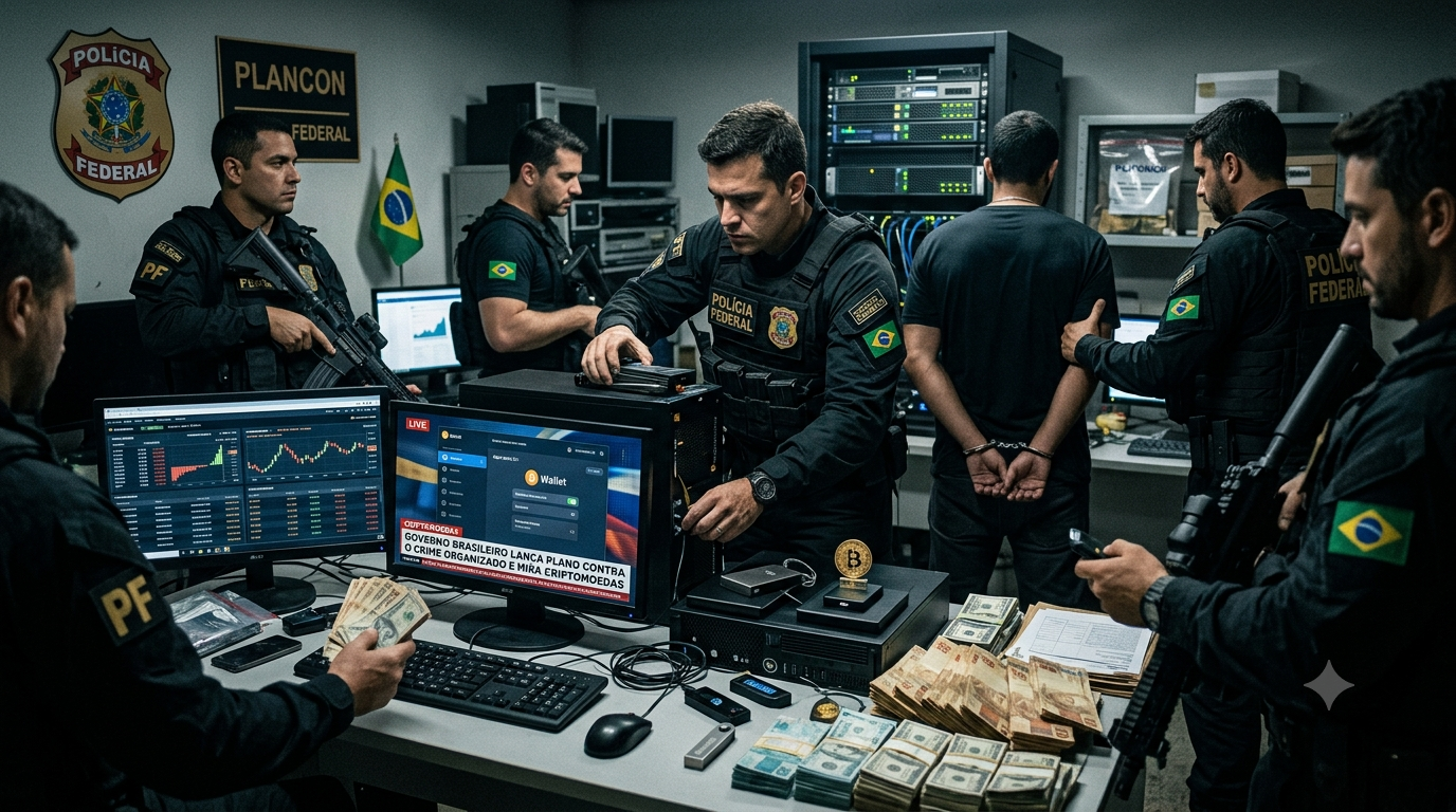 Agentes da Polícia Federal apreendem computadores, dinheiro e carteira de criptomoedas durante operação contra o crime organizado.