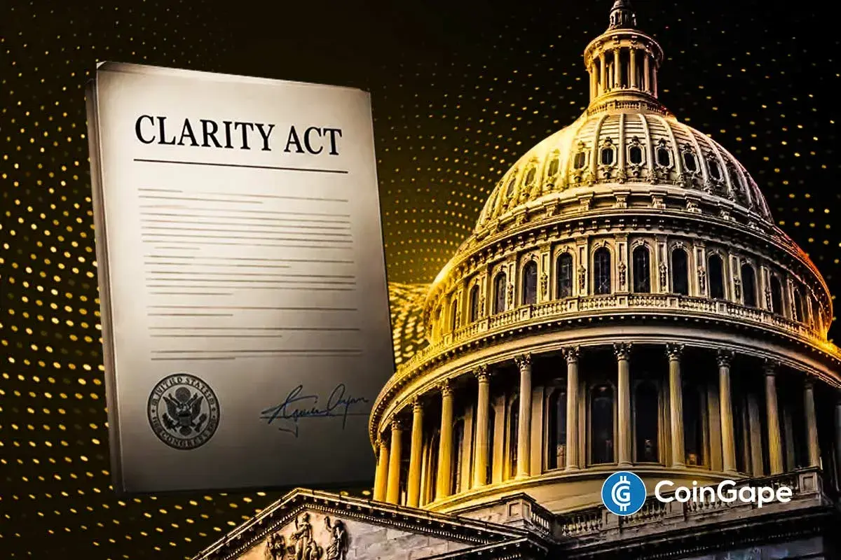 Documento do CLARITY Act ao lado do Capitólio dos Estados Unidos, com logo da CoinGape.